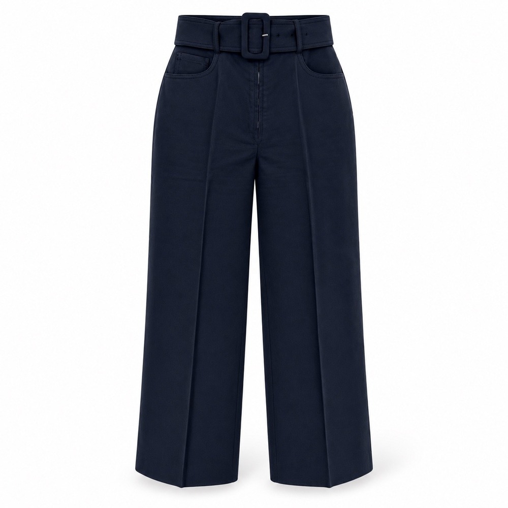 Sandro Paris Navy Blue High Waisted Wide Leg Belted Trousers P6402H Size 36